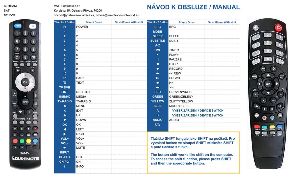 STREAM 101PVR, 701HD - távirányító