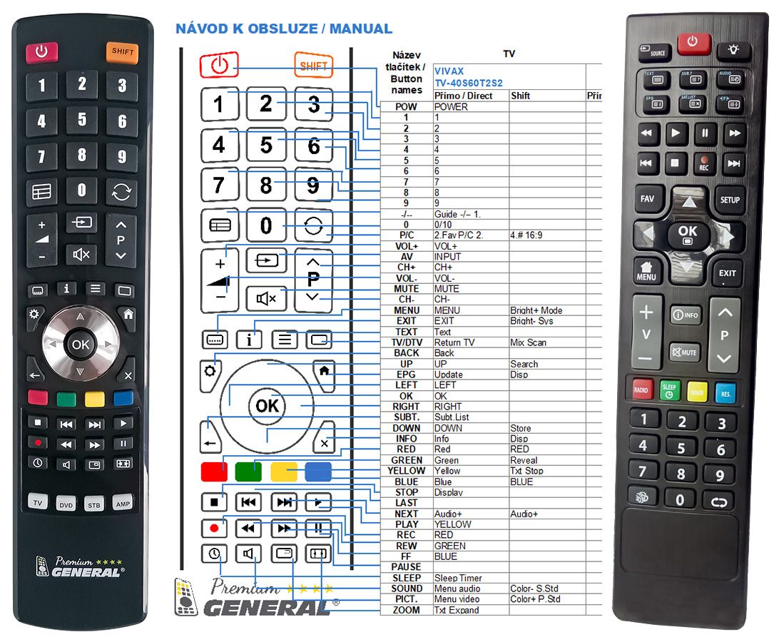 VIVAX TV-32S60T2,  32S50, 32S55, TV-40S60T2, TV-43S60T2, TV-49S60T2 -   


kompatibilis General márkájú távirányító