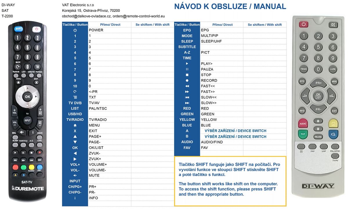 DI-WAY T2200, DI-BOX T22, T23, T24, T30 - távirányító