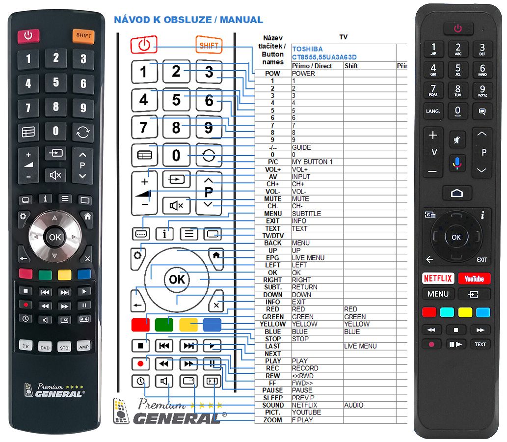 TOSHIBA CT8556, RC43160 -   


kompatibilis General márkájú távirányító