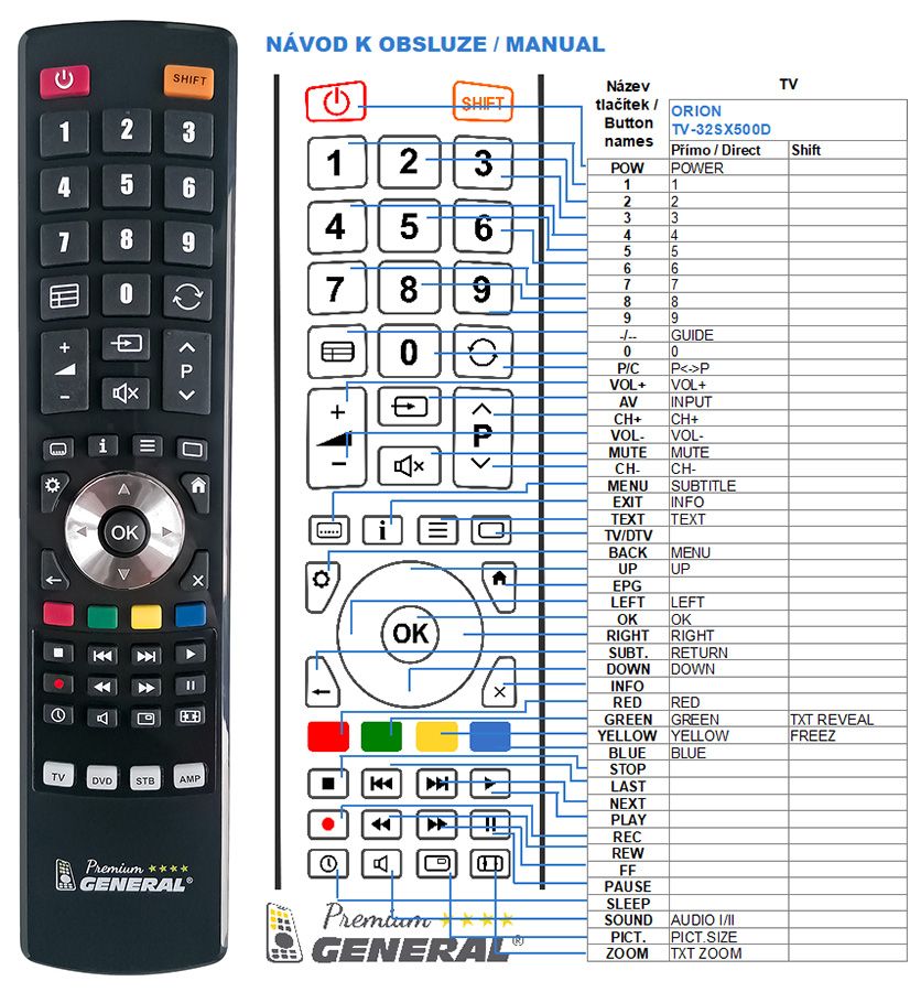 ORION TV-32SX500D -   


kompatibilis General márkájú távirányító