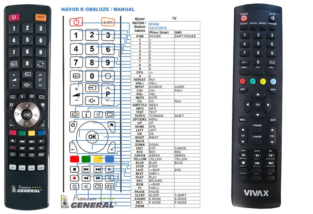 VIVAX 32LE120T2S2, 40LE120T2S2, TV-40LE120T2S2 -   


kompatibilis General márkájú távirányító