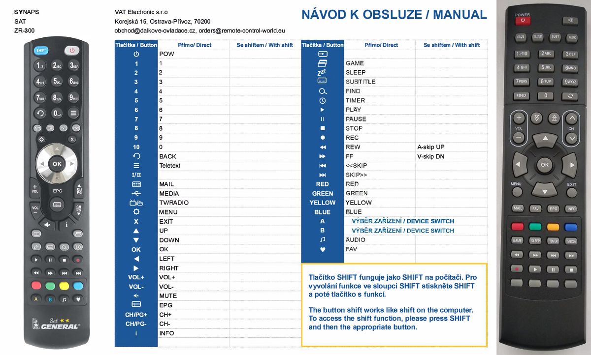 SYNAPS ZR-300 -   


kompatibilis General márkájú távirányító