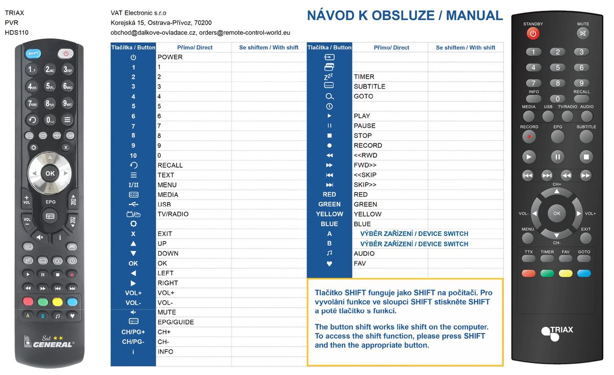 TRIAX HDS-110, TR-212 -   


kompatibilis General márkájú távirányító