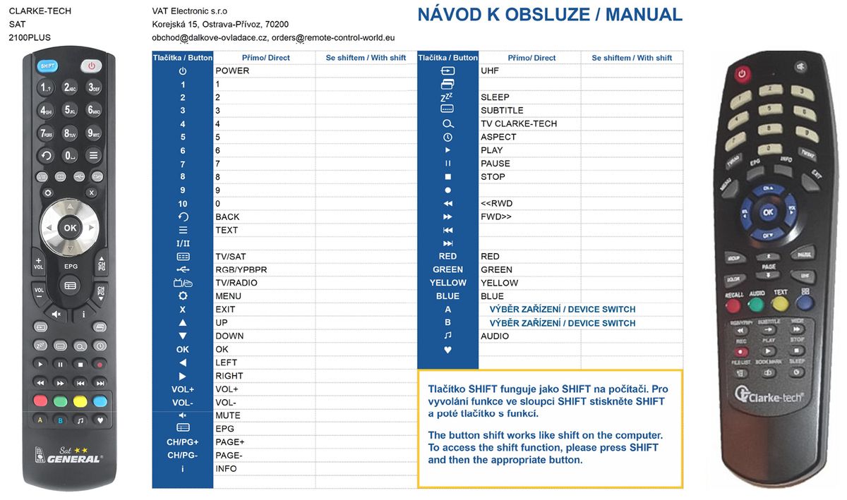 CLARKE TECH 1500, 2000, 2100 -   


kompatibilis General márkájú távirányító