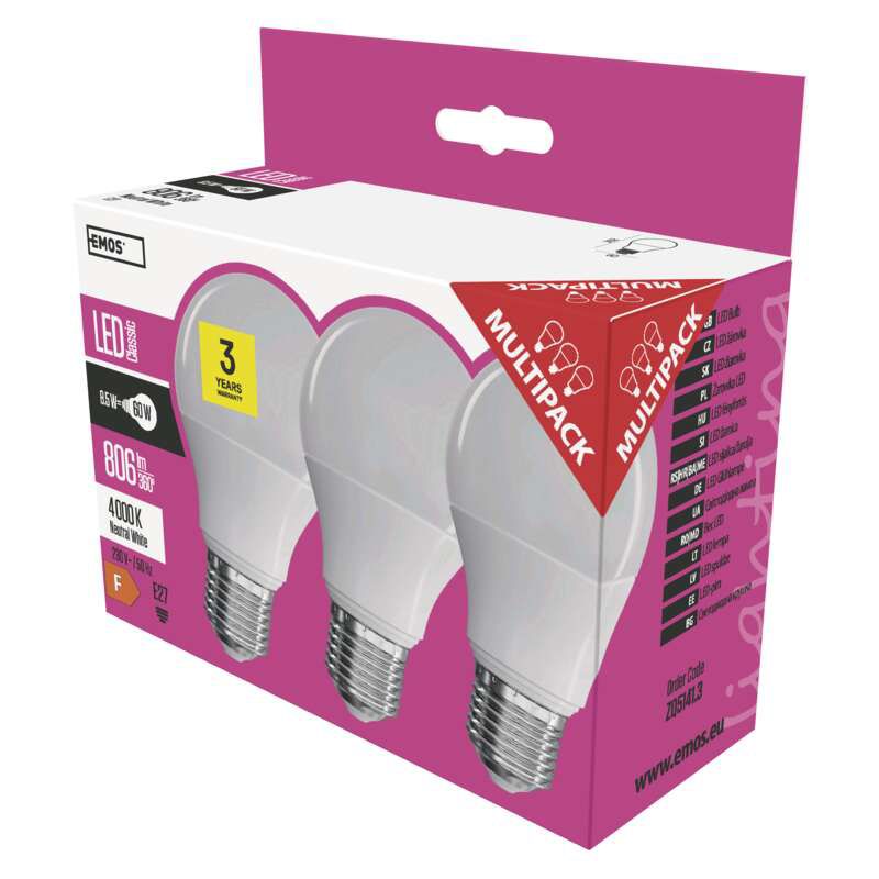 3× LED ŽÁROVKA CLASSIC A60 8,5W (60W) E27 NEUTRÁLNÍ BÍLÁ