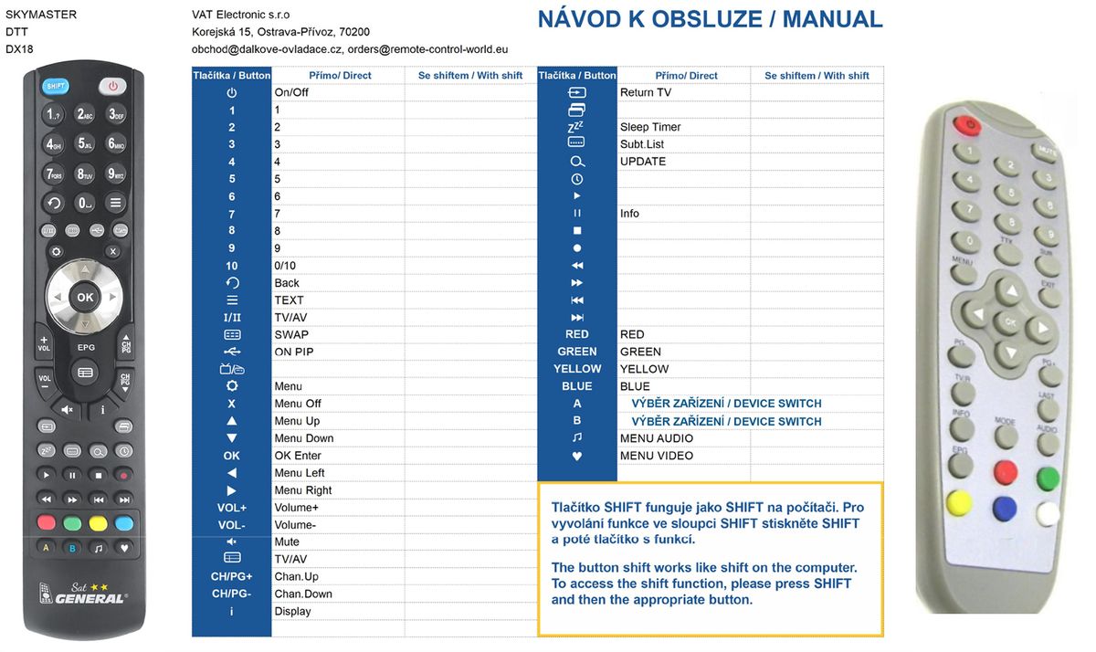 SKYMASTER DX15, DX18, DX60, DT50, DT55, DXS23, DXS5 -   


kompatibilis General márkájú távirányító