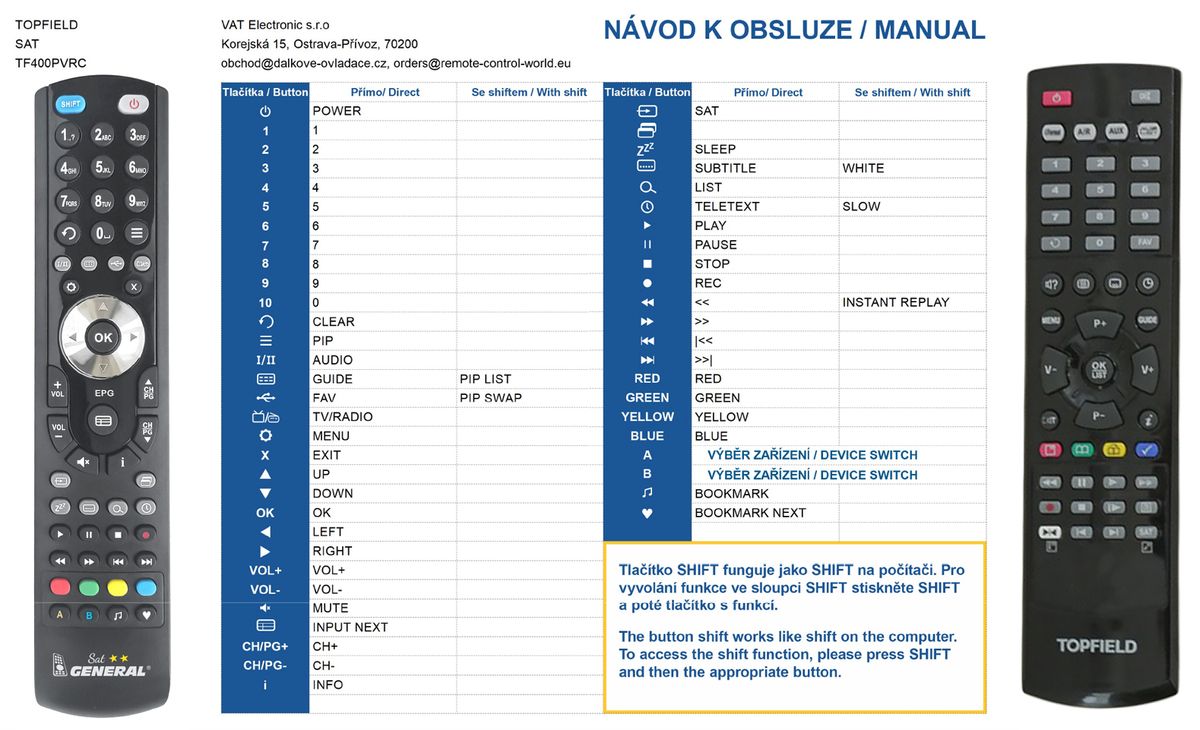 TOPFIELD TF400PVRC, TF400PVRT -   


kompatibilis General márkájú távirányító