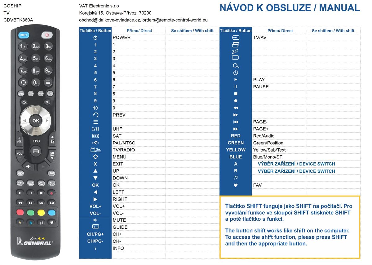 COSHIP CDVBTK360A -   


kompatibilis General márkájú távirányító