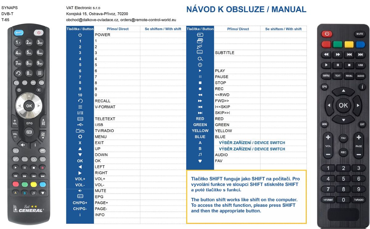 SYNAPS T-65HD -   


kompatibilis General márkájú távirányító