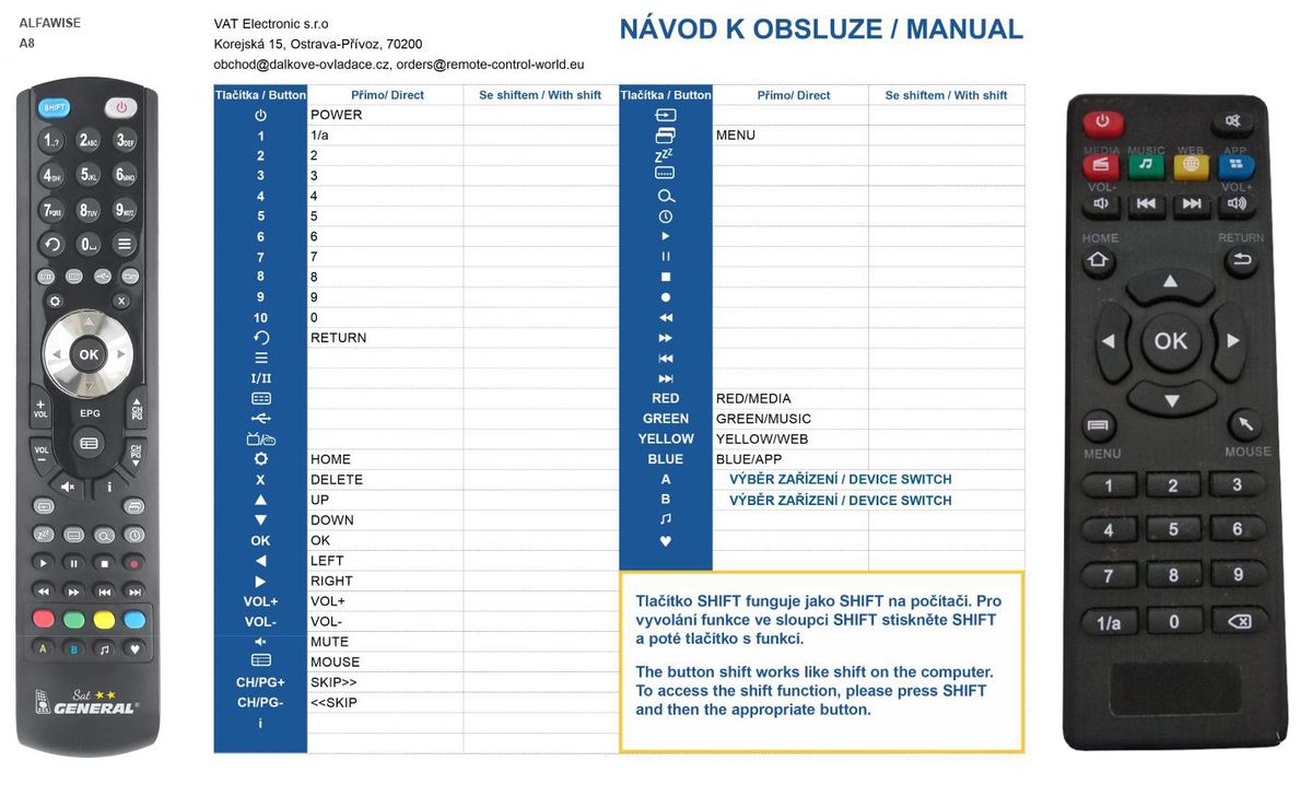 ALFAWISE A8 -   


kompatibilis General márkájú távirányító