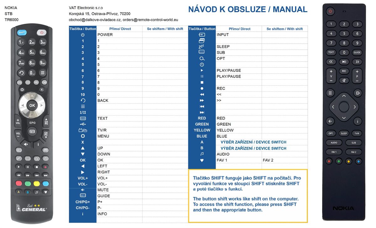 NOKIA TR6000, SR7000, 6000FTA -   


kompatibilis General márkájú távirányító