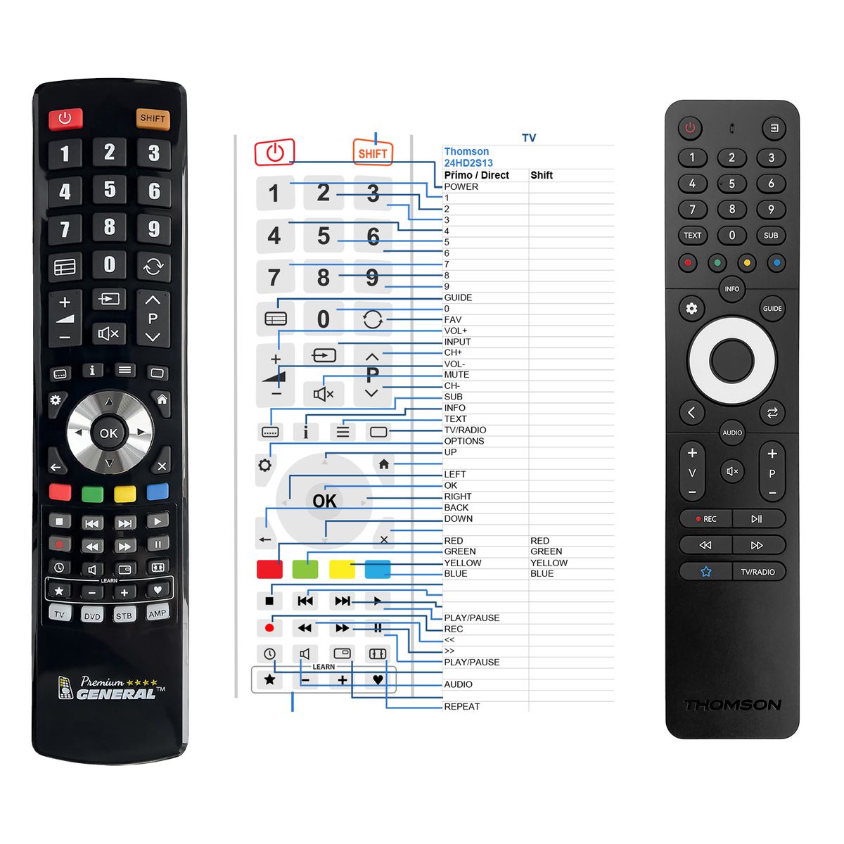 THOMSON 24HD2S13, 32HD2S13, 32HD2S13W, 40FD2S13, 40FD2S13W, 43FD2S13 -   


kompatibilis General márkájú távirányító