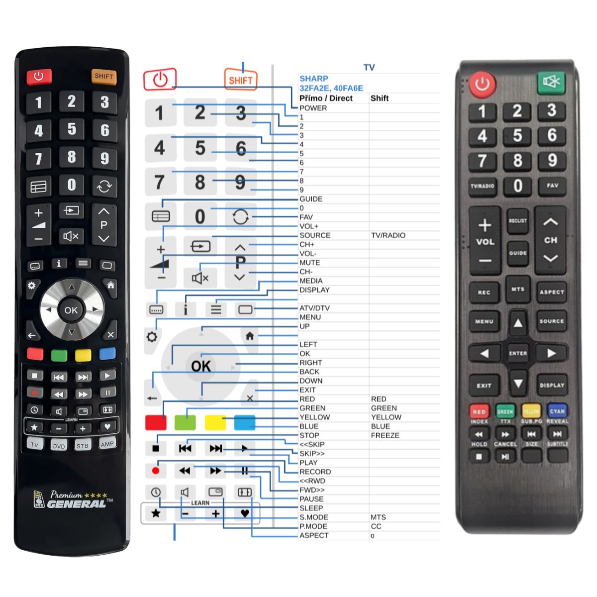 SHARP 32FA6E, 40FA6E -   


kompatibilis General márkájú távirányító