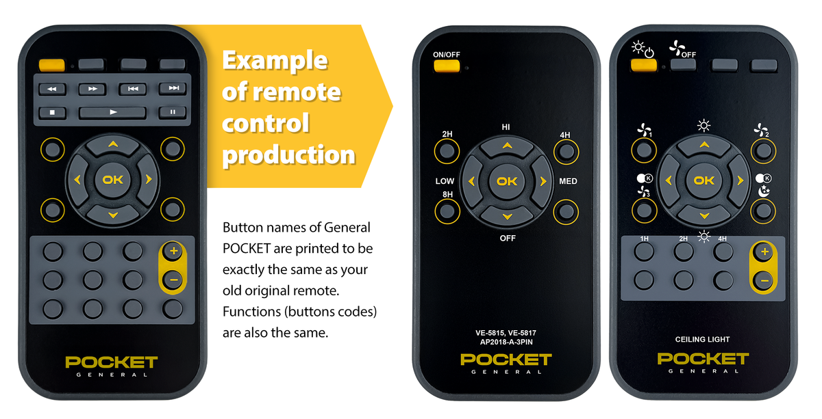 GENERAL POCKET DUPLICATE tailor made remote control with button printing on demand