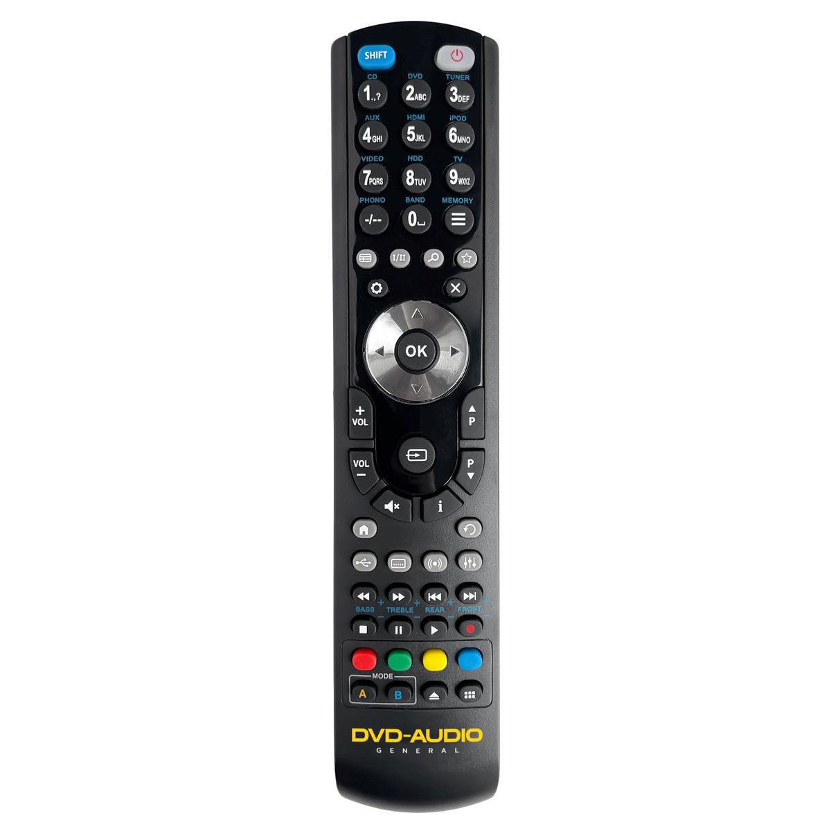 General DVD/AUDIO-TV remote control especially programmed for DVD, AUDIO or Home Theatre