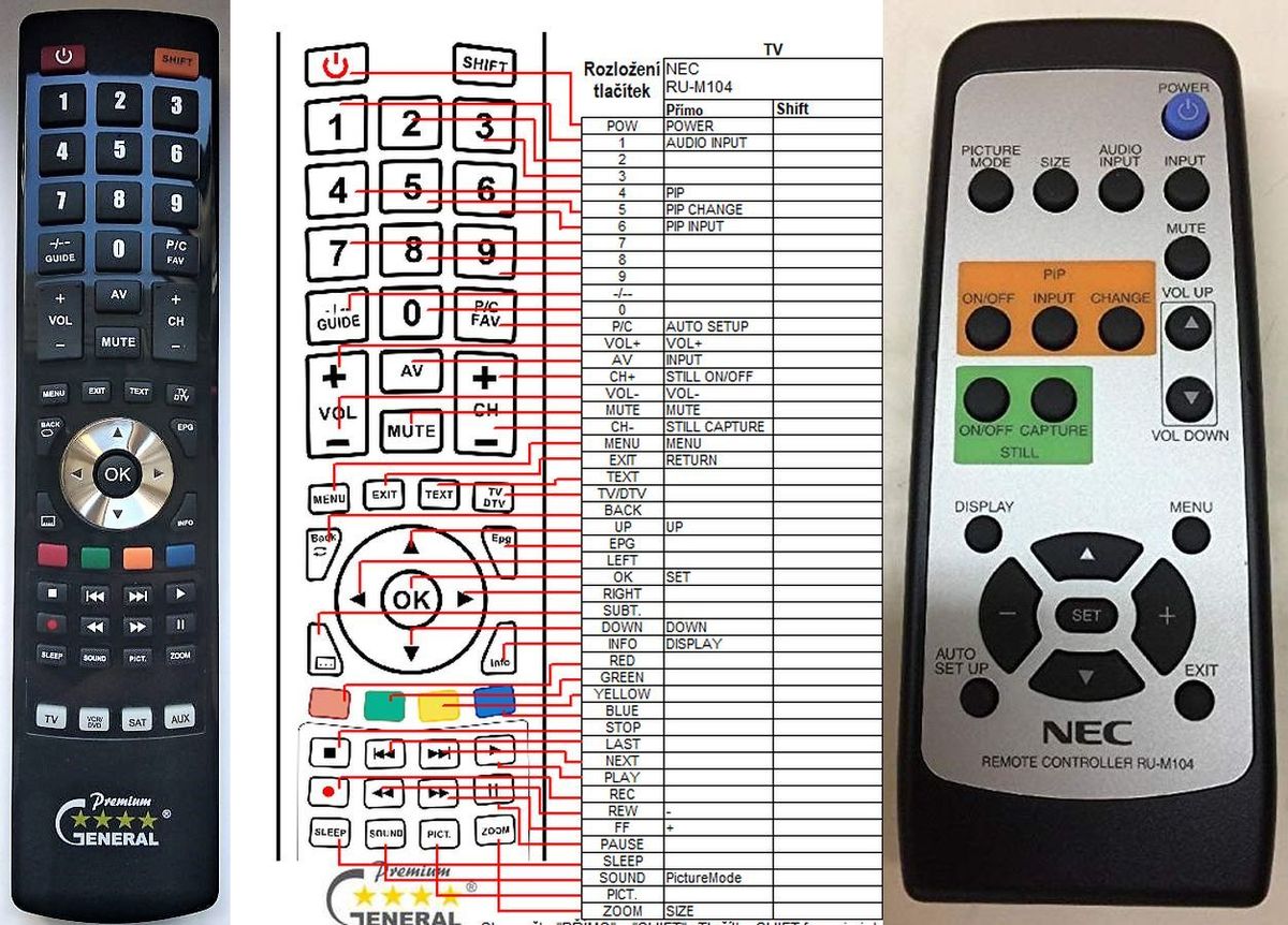 NEC RU-M104, RU-M115, RU-M118, J8200011 -   


kompatibilis General márkájú távirányító